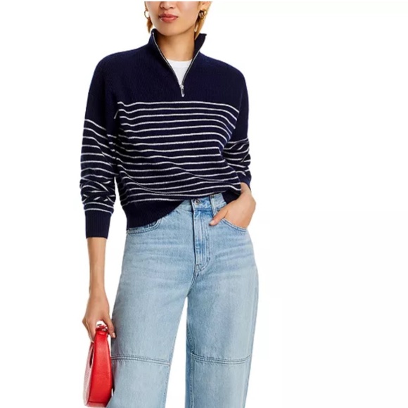 Luxurious 100% Cashmere Stripe Quarter Zip Sweater in Navy / White - Picture 1 of 6